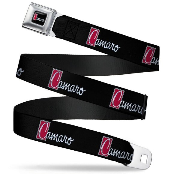 9132 Seatbelt Belt - 1972 Camaro Script Emblem Black/silver/reds - 1.5" Wide -